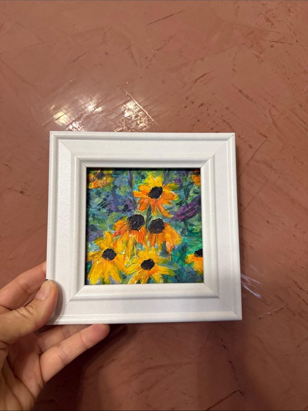 Hand-Painted Yellow Coneflower Mini Canvas 4”x 4”, mixed media